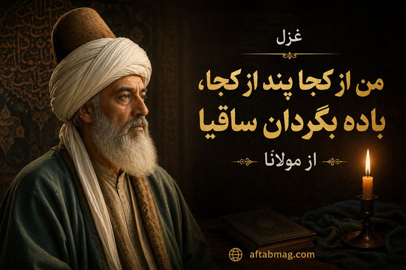 غزل من از کجا پند از کجا، باده بگردان ساقیا از مولانا با تفسیر