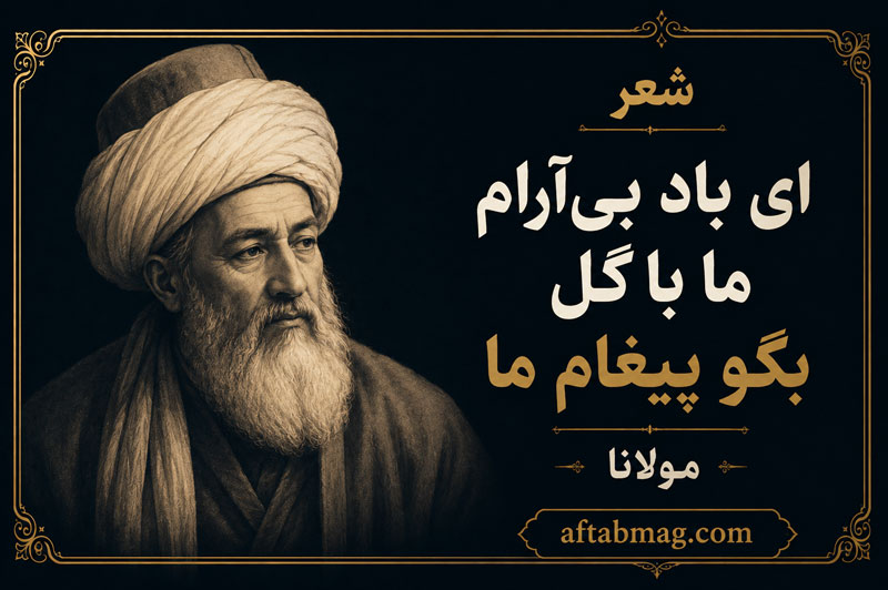 شعر ای باد بی‌آرام ما با گل بگو پیغام ما مولانا + تفسیر